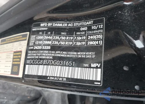 2013 Mercedes-Benz Glk-Class из США, поврежденный, VIN WDCGG8JB7DG031651